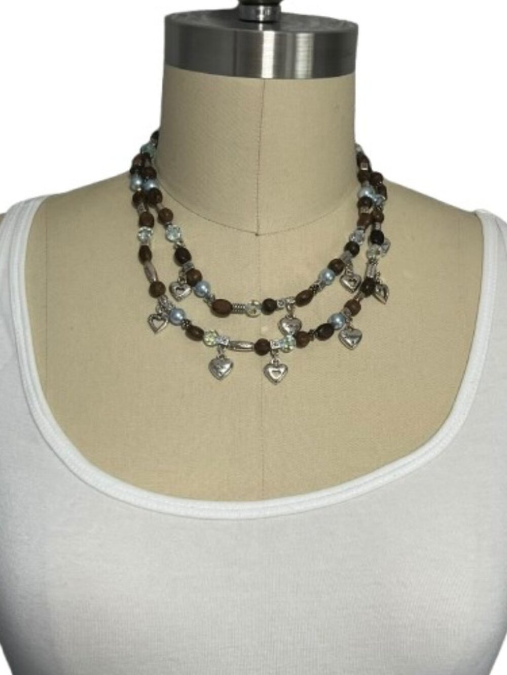 Brighton Zen Garden Wood, Blue & AB Glass Bead Heart Charm Necklace w/ Bag - NWT